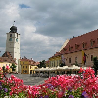 view from the Big Square towards Council Tower in Sibiu, Transylvania
