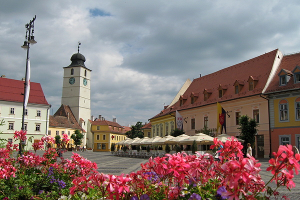 view from the Big Square towards Council Tower in Sibiu, Transylvania