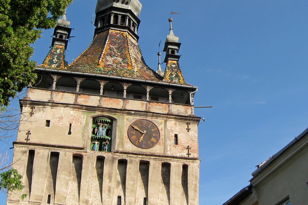detail of the clock system decorating the tower in Sighisoara